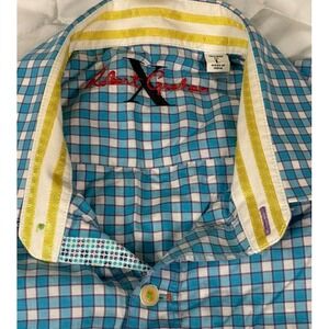 Robert Graham X Party Shirt Mens Large Blue Check Pattern Flip Cuffs 100% Cotton